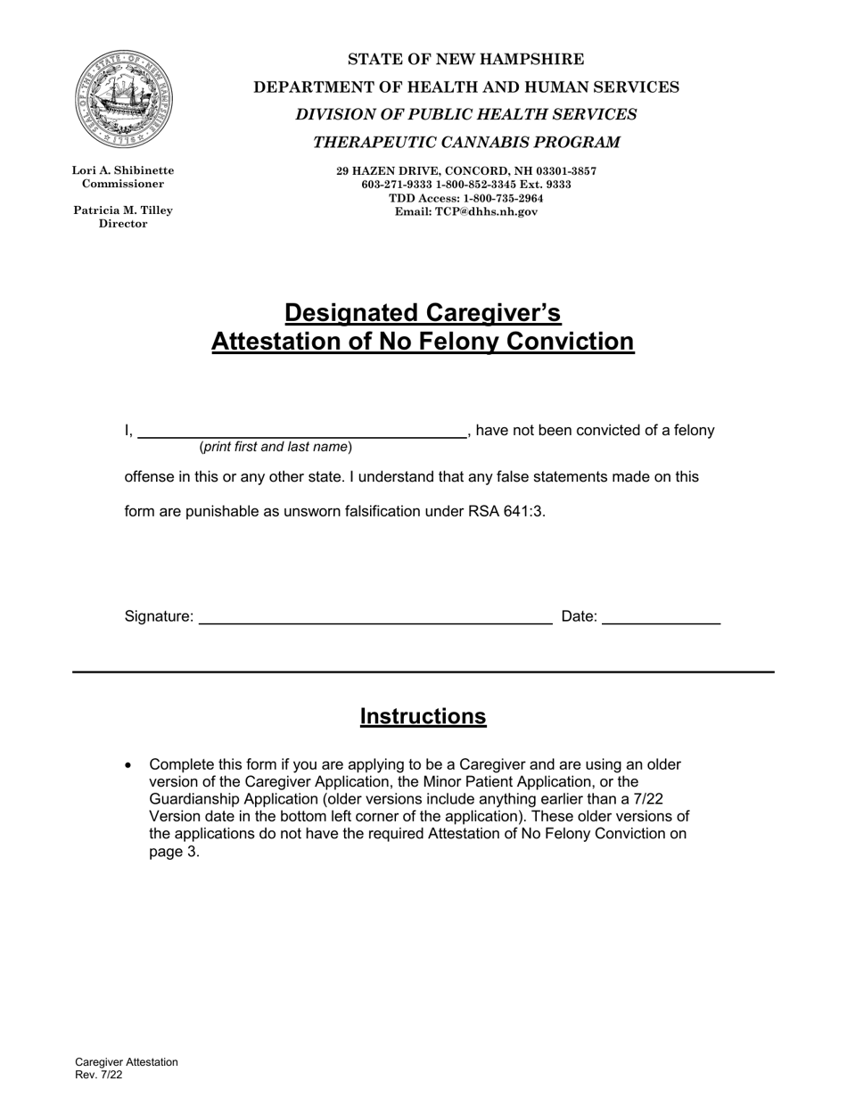 Designated Caregivers Attestation of No Felony Conviction - Therapeutic Cannabis Program - New Hampshire, Page 1