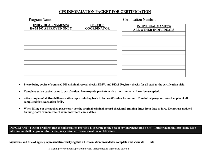 Cps Information Packet for Certification - New Hampshire