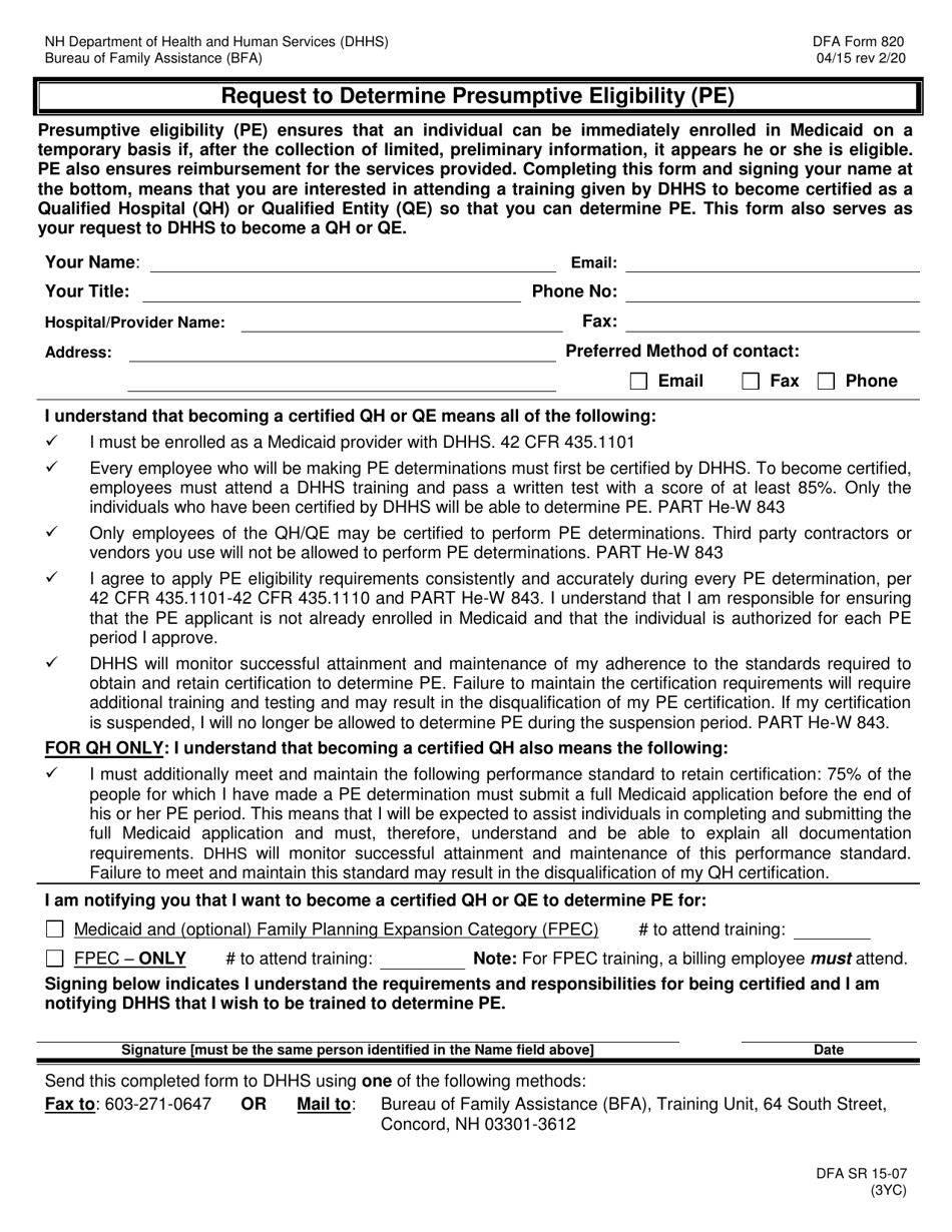 BFA Form 820 Request to Determine Presumptive Eligibility (Pe) - New Hampshire, Page 1