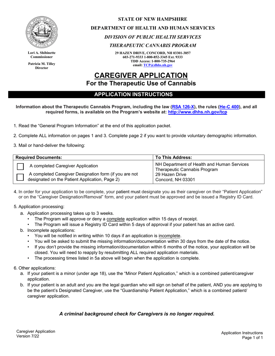 Caregiver Application for the Therapeutic Use of Cannabis - New Hampshire, Page 1
