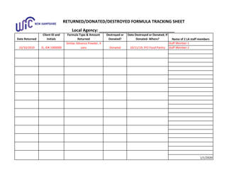 Document preview: Returned/Donated/Destroyed Formula Tracking Sheet - New Hampshire
