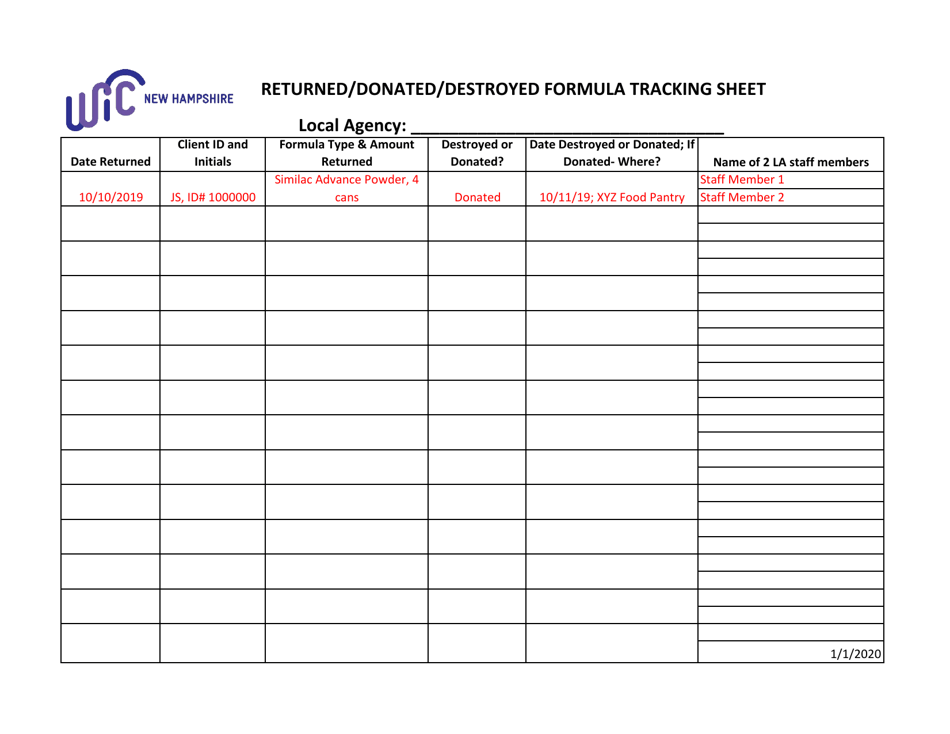 New Hampshire Returned/Donated/Destroyed Formula Tracking Sheet Fill