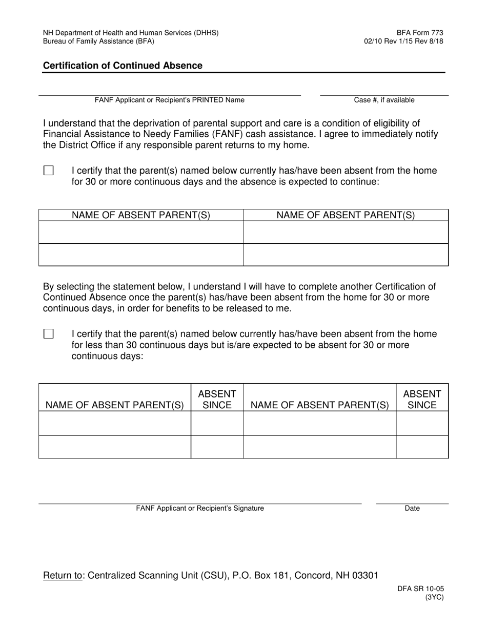 BFA Form 773 Certification of Continued Absence - New Hampshire, Page 1