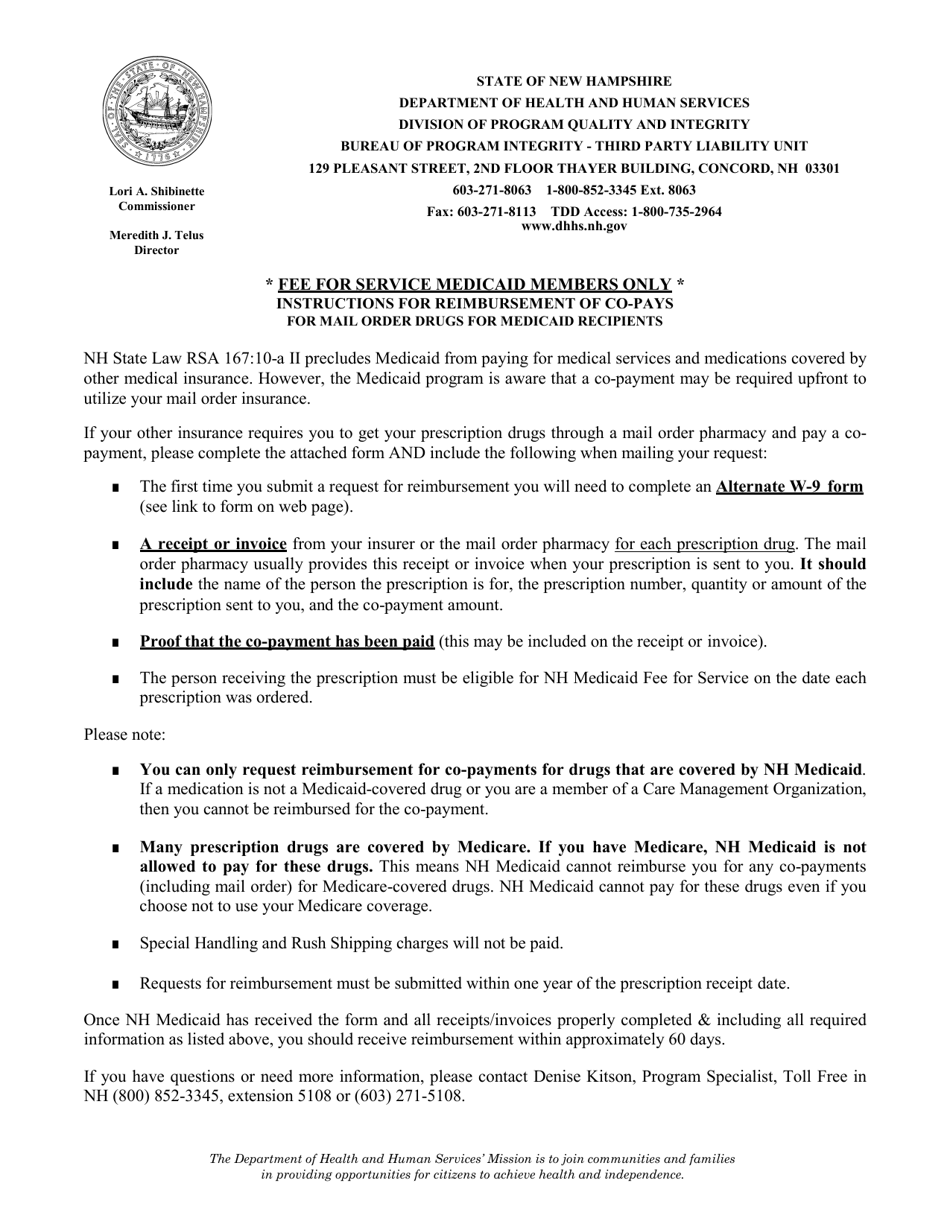 Request for Reimbursement of Co-pays for Mail Order Drugs (For Medicaid Recipients) - New Hampshire, Page 1