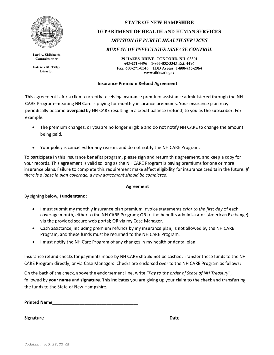 New Hampshire Insurance Premium Refund Agreement Fill Out, Sign
