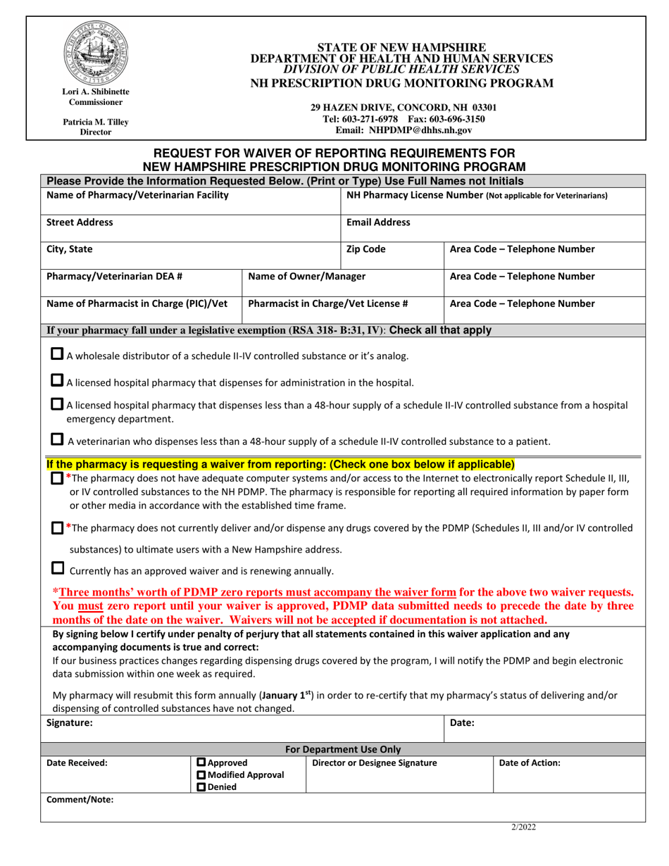 New Hampshire Request for Waiver of Reporting Requirements for New ...