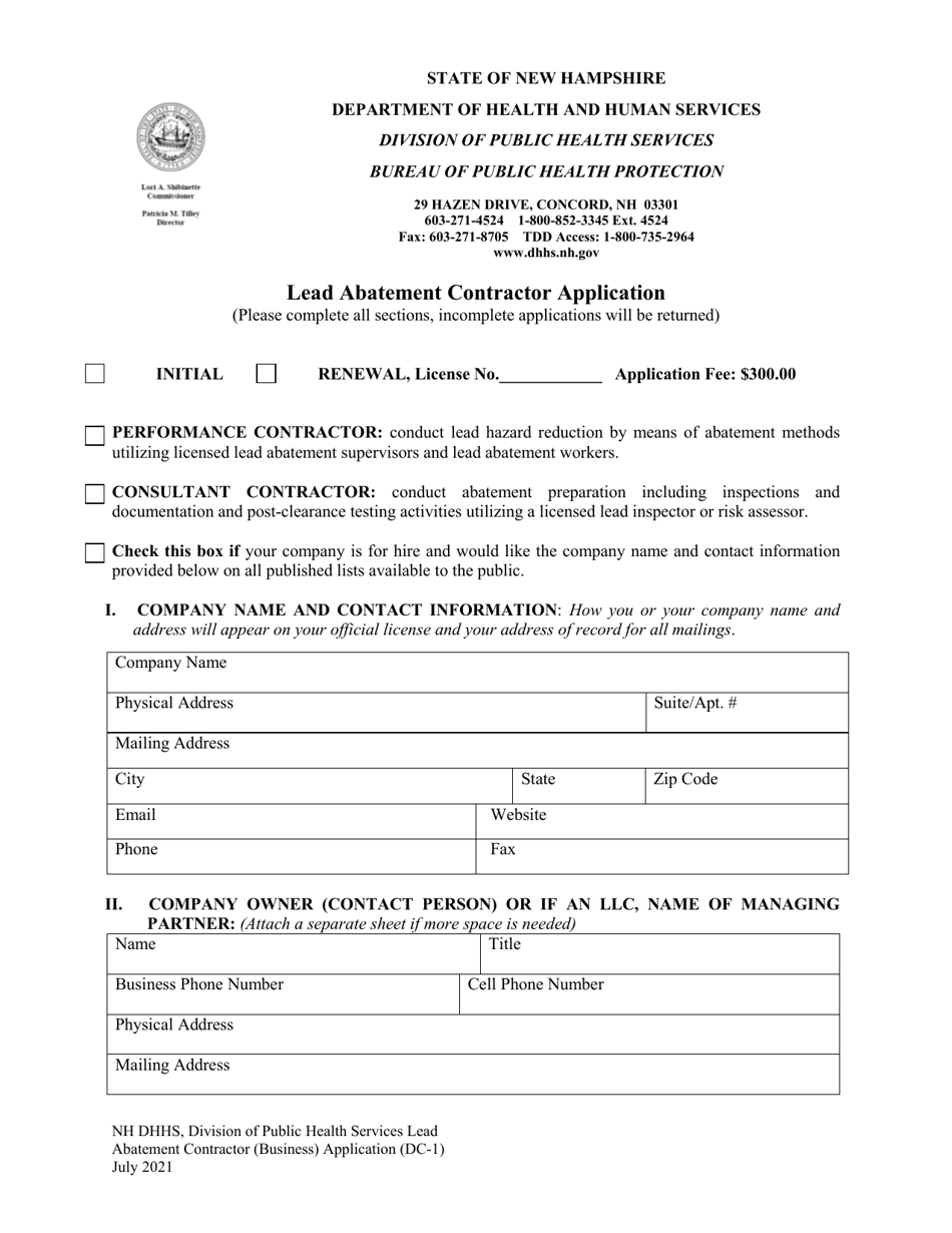 Form DC-1 Lead Abatement Contractor Application - New Hampshire, Page 1