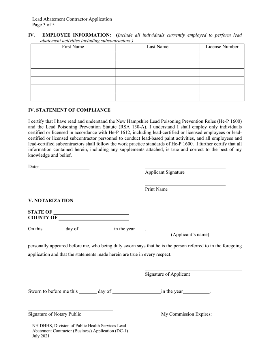 Form DC-1 Lead Abatement Contractor Application - New Hampshire, Page 3