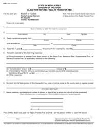 Form RTF-3 &quot;Claim for Refund - Realty Transfer Fee&quot; - New Jersey