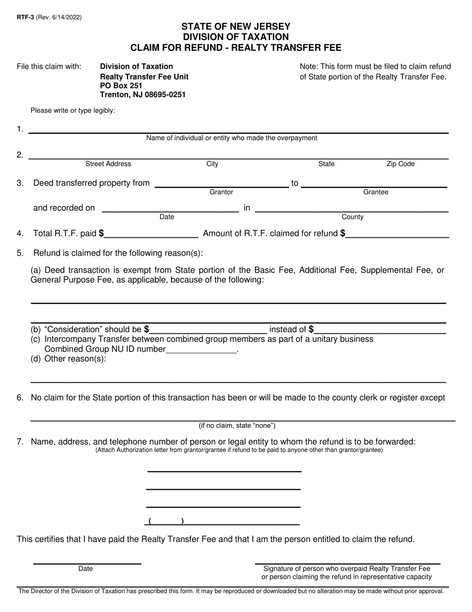 Form RTF-3 Download Fillable PDF or Fill Online Claim for Refund ...