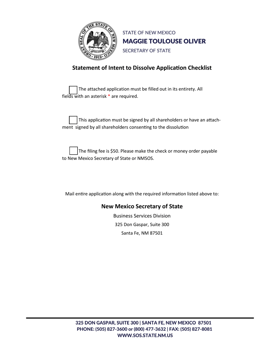 Profit Corporation Statement of Intent to Dissolve by Written Consent of Shareholders - New Mexico, Page 1