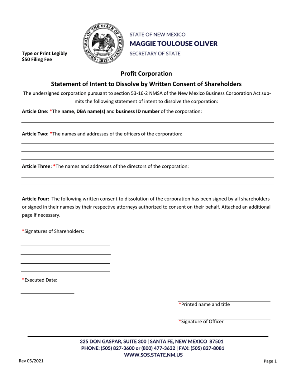 Profit Corporation Statement of Intent to Dissolve by Written Consent of Shareholders - New Mexico, Page 2