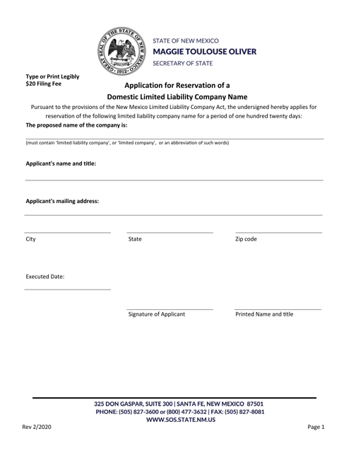 Application for Reservation of a Domestic Limited Liability Company Name - New Mexico