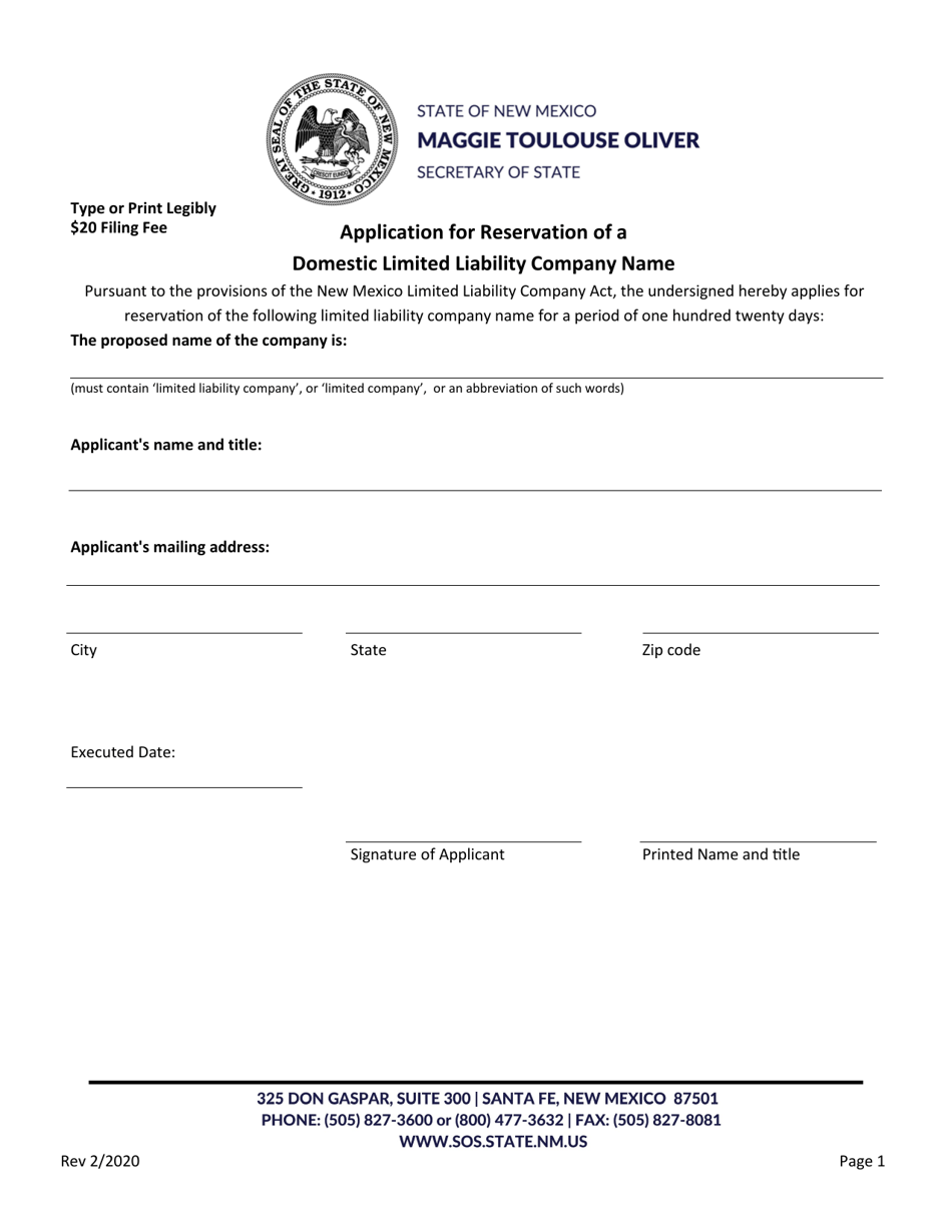 Application for Reservation of a Domestic Limited Liability Company Name - New Mexico, Page 1