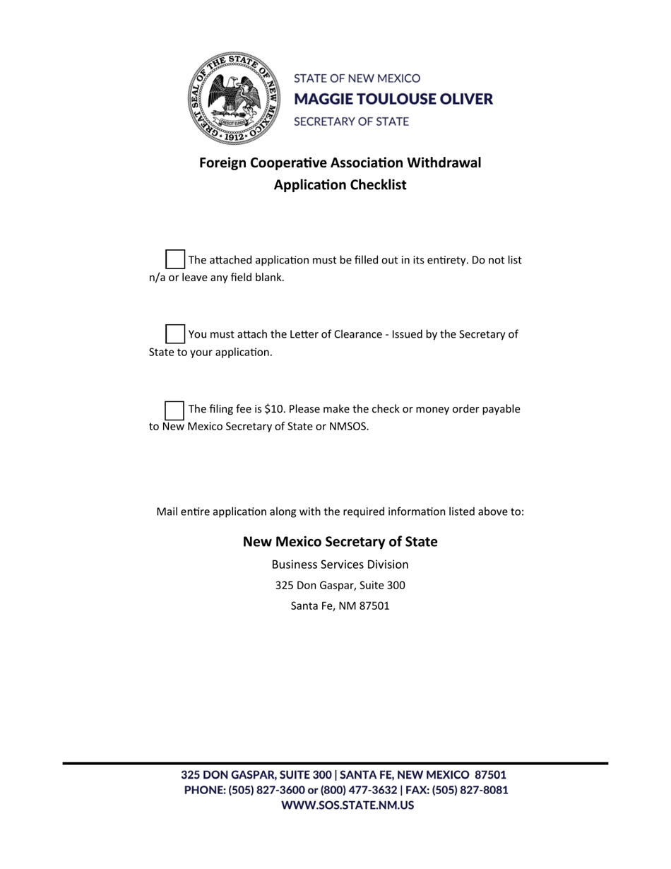 Foreign Cooperative Association Application for Certificate of Withdrawal - New Mexico, Page 1