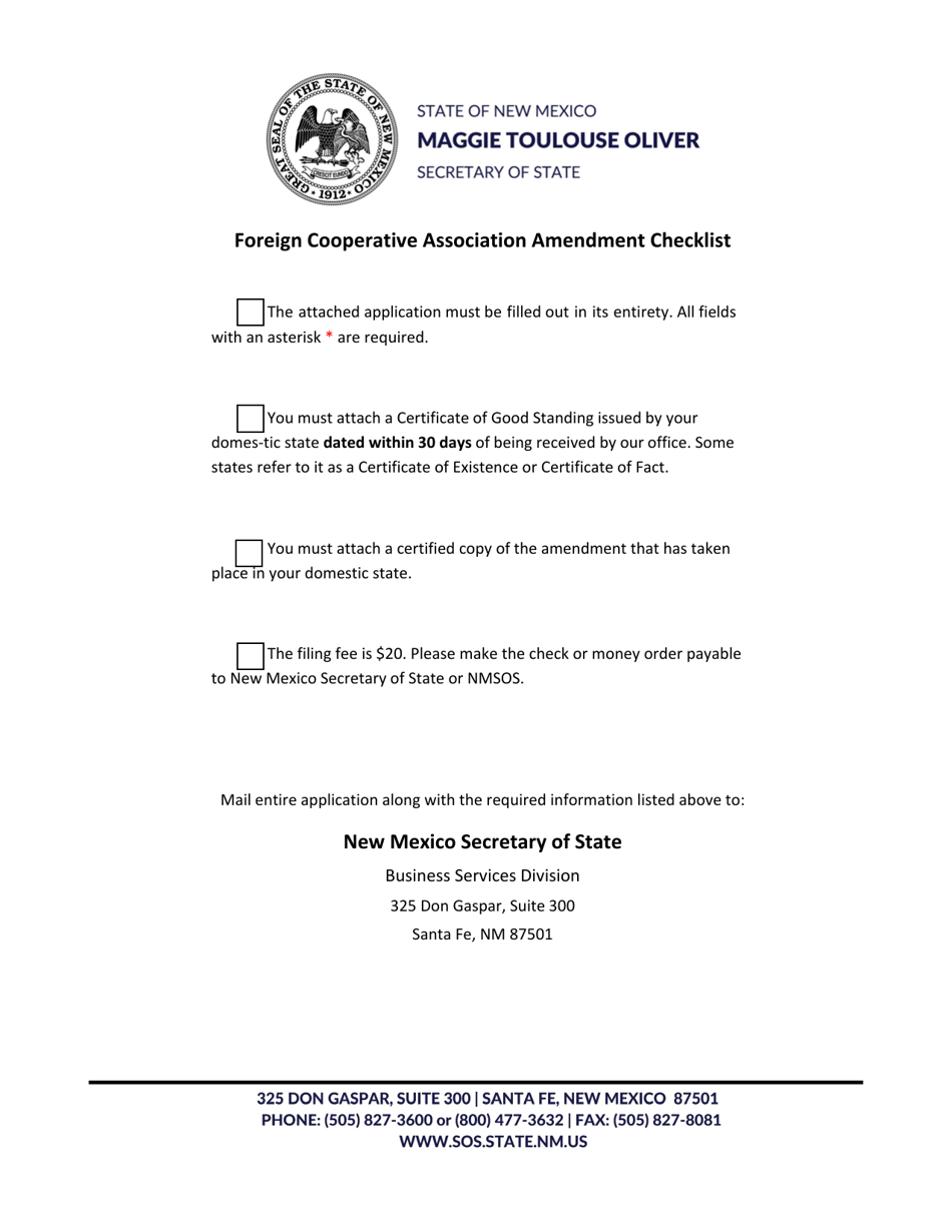 Foreign Cooperative Association Application for Amended Certificate of Authority - New Mexico, Page 1