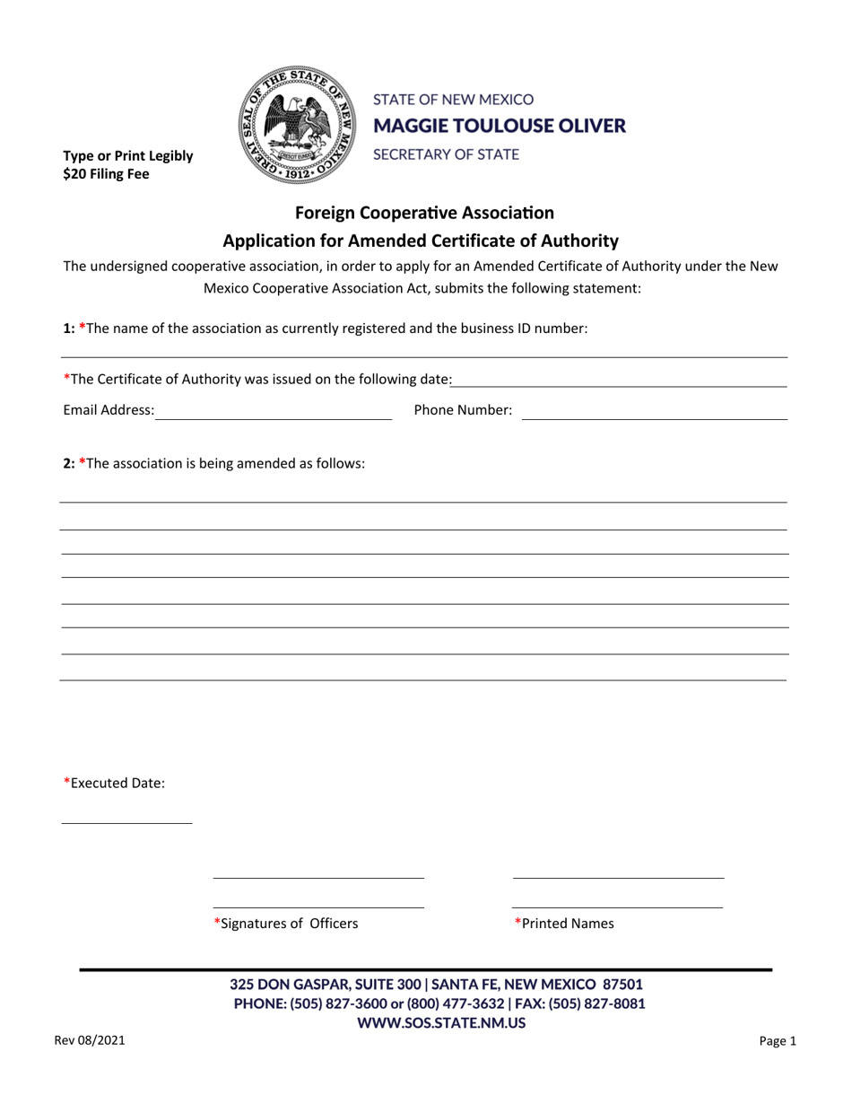 Foreign Cooperative Association Application for Amended Certificate of Authority - New Mexico, Page 2