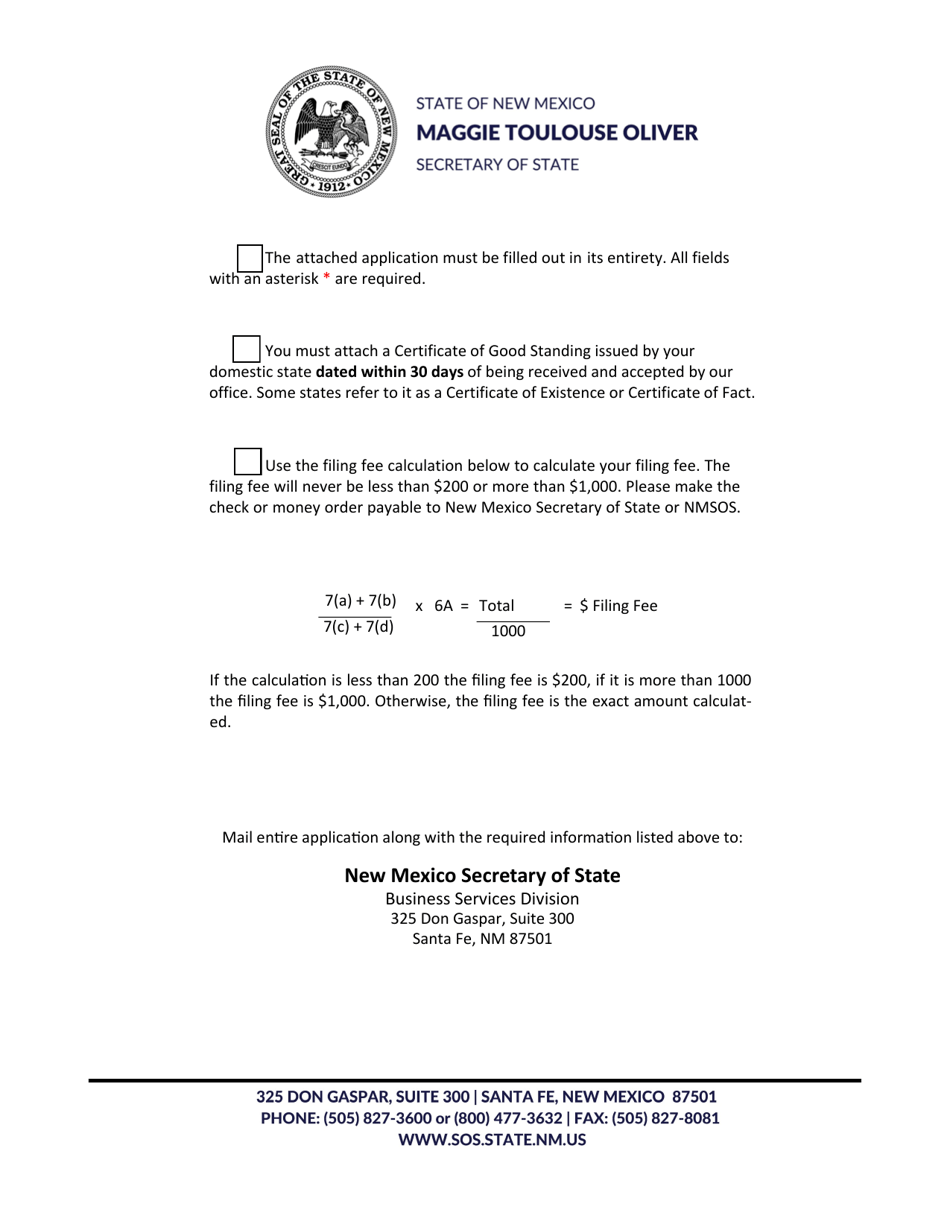 Foreign Profit Corporation Application for Certificate of Authority - New Mexico, Page 1