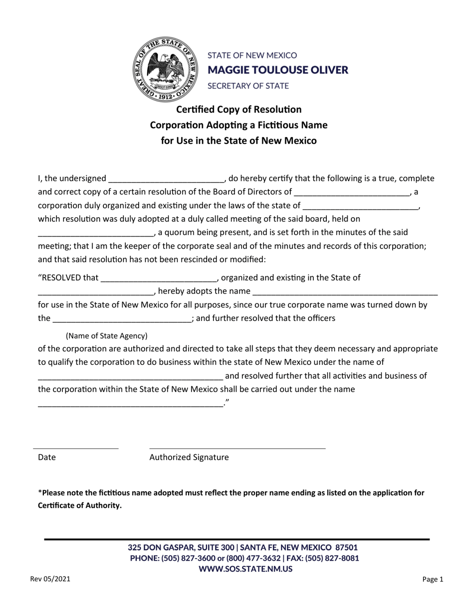 Certified Copy of Resolution Corporation Adopting a Fictitious Name - New Mexico, Page 1