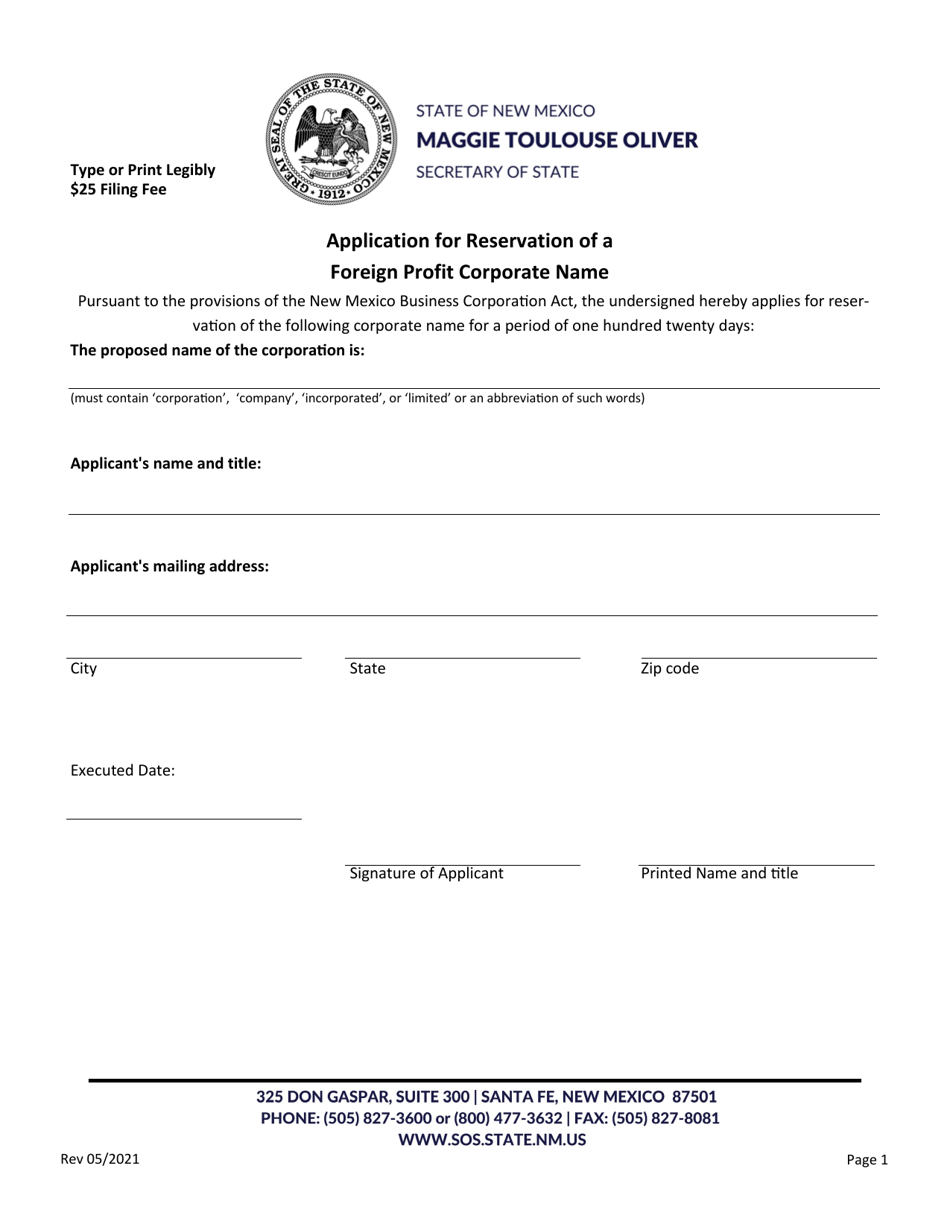 New Mexico Application for Reservation of a Foreign Profit Corporate