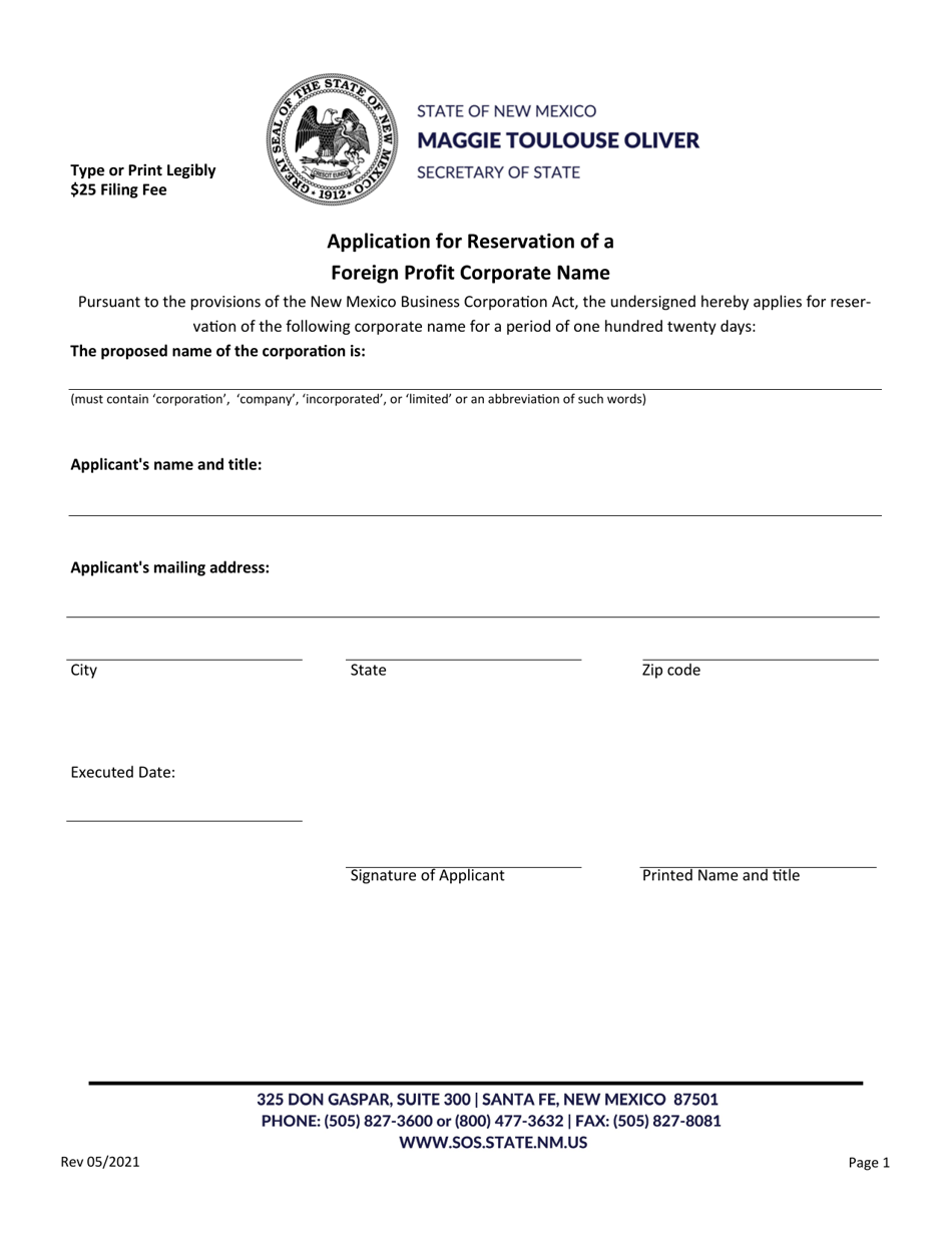 Application for Reservation of a Foreign Profit Corporate Name - New Mexico, Page 1