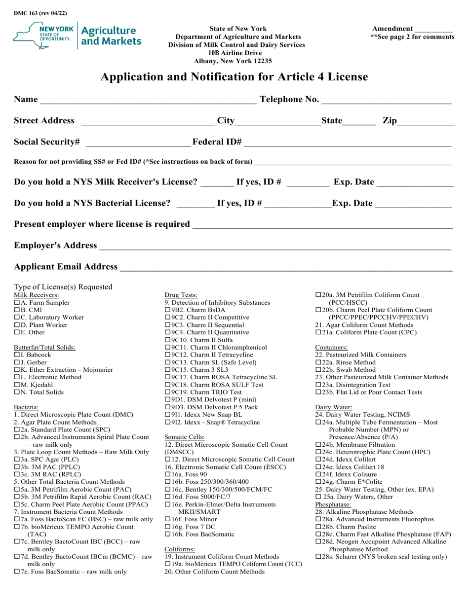 Form DMC163 Application and Notification for Article 4 License - New York, Page 1