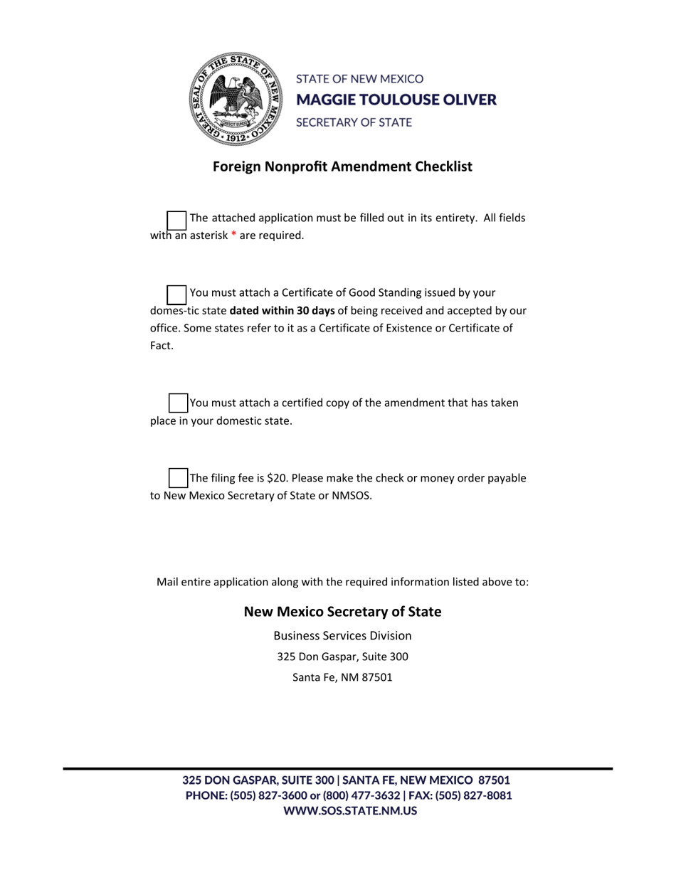 Foreign Nonprofit Corporation Application for Amended Certificate of Authority - New Mexico, Page 1