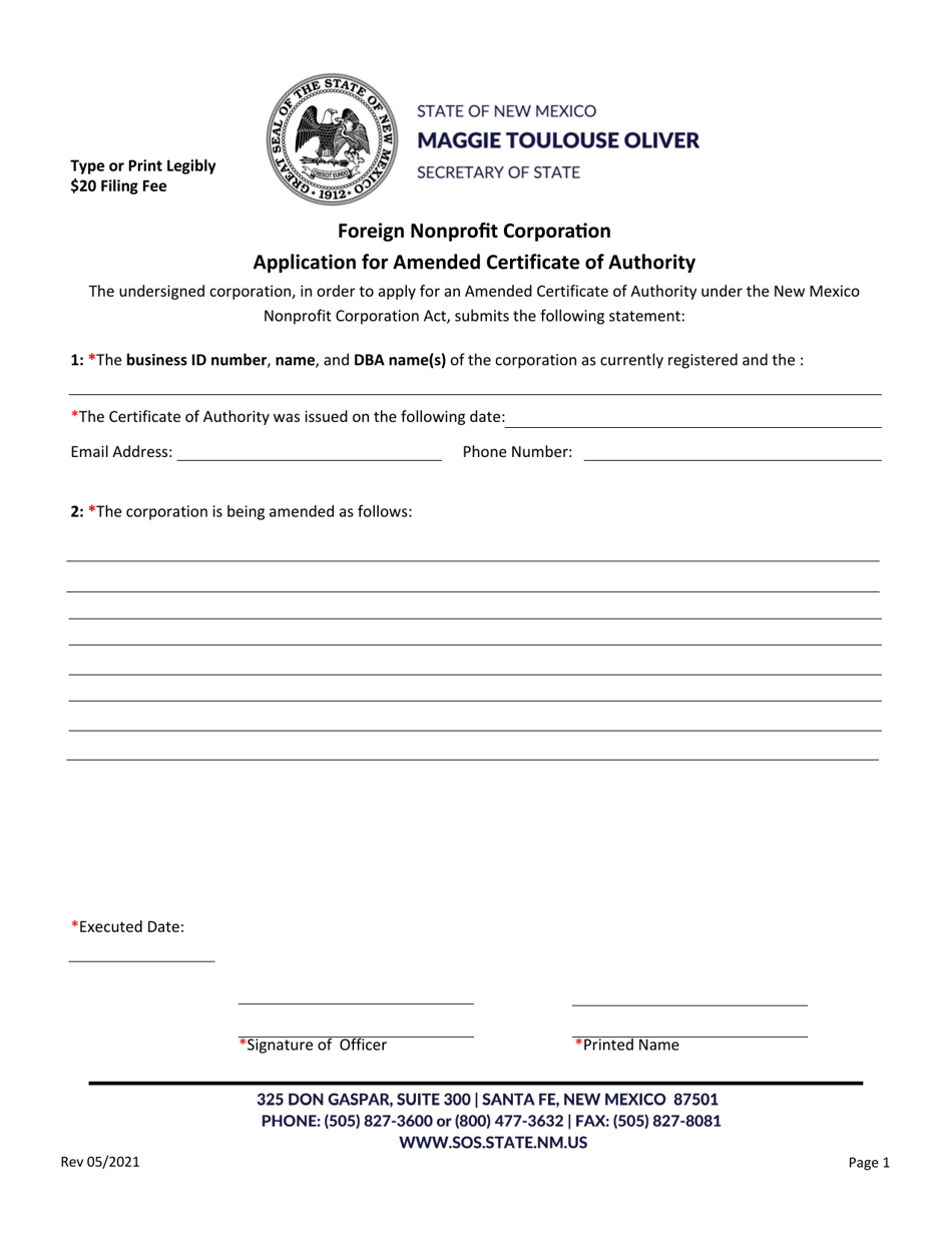 New Mexico Foreign Nonprofit Corporation Application For Amended Certificate Of Authority Fill 9196