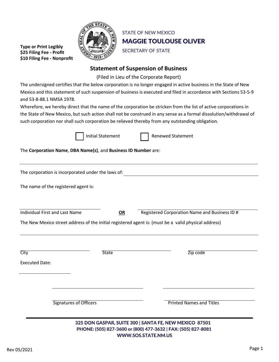 Statement of Suspension of Business - New Mexico, Page 1