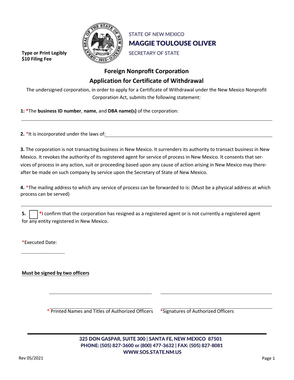 Foreign Nonprofit Corporation Application for Certificate of Withdrawal - New Mexico, Page 2