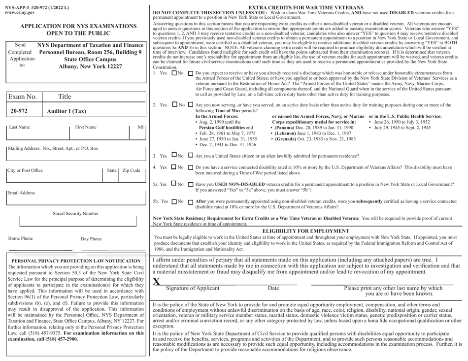 Form NYS-APP--3 #20-972 Application for NYS Examinations Open to the Public - Auditor 1 (Tax) - New York, Page 1