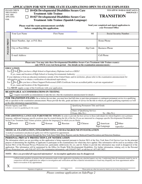 Form NYS-APP-4 #10-026 (NYS-APP-4 #10-027) Application for New York State Examinations Open to State Employees - Developmental Disabilities Secure Care Treatment Aide Trainee - New York