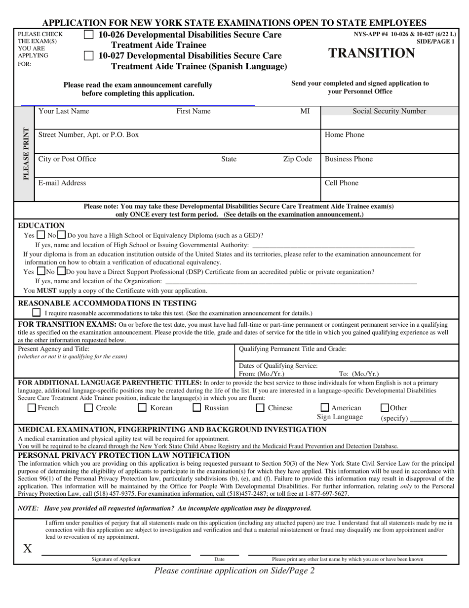 Form NYS-APP-4 #10-026 (NYS-APP-4 #10-027) Application for New York State Examinations Open to State Employees - Developmental Disabilities Secure Care Treatment Aide Trainee - New York, Page 1