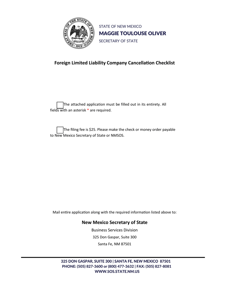 Foreign Limited Liability Company Application for Cancellation of Registration - New Mexico, Page 1