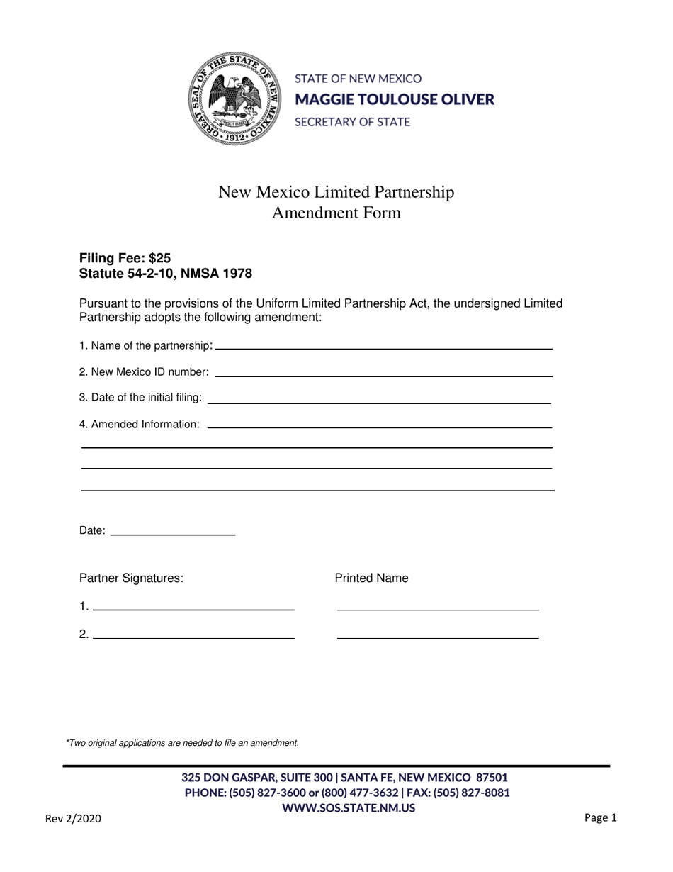 New Mexico New Mexico Limited Partnership Amendment Form Fill Out