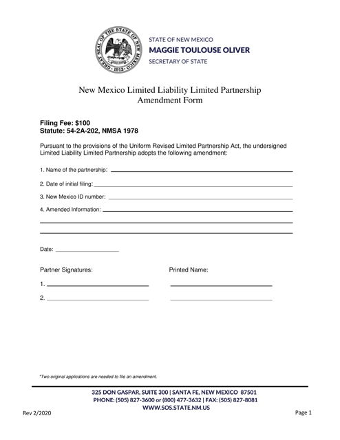 New Mexico Limited Liability Limited Partnership Amendment Form - New Mexico Download Pdf