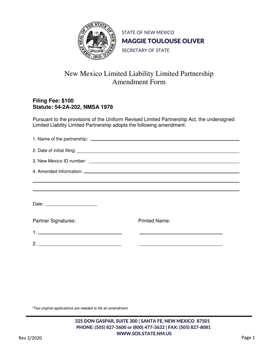 New Mexico Limited Liability Limited Partnership Amendment Form - New Mexico, Page 1