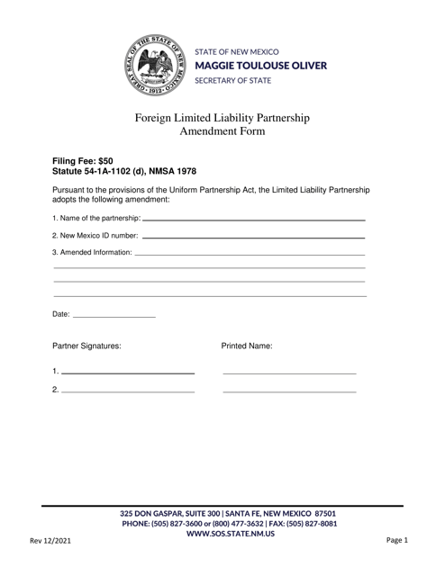 Foreign Limited Liability Partnership Amendment Form - New Mexico Download Pdf