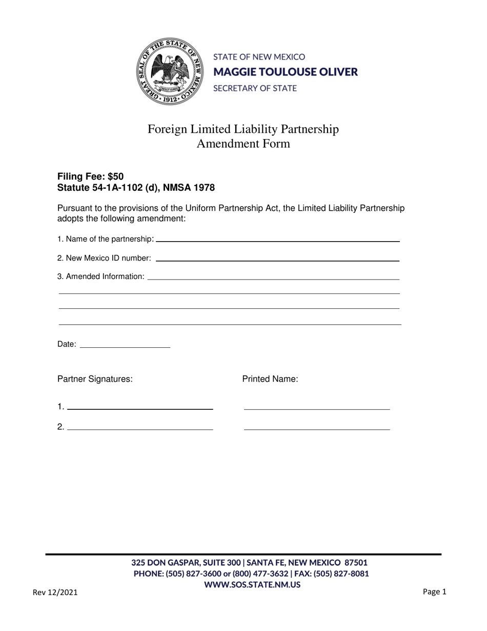 Foreign Limited Liability Partnership Amendment Form - New Mexico, Page 1