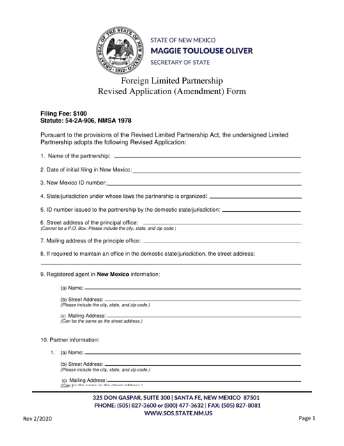 Foreign Limited Partnership Revised Application (Amendment) Form - New Mexico