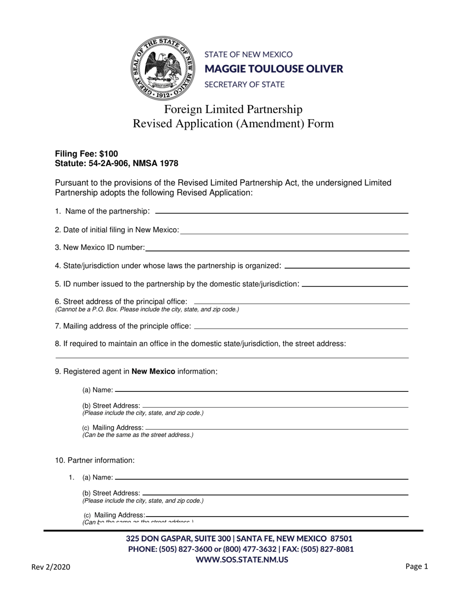 Foreign Limited Partnership Revised Application (Amendment) Form - New Mexico, Page 1
