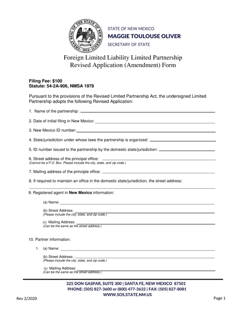 Foreign Limited Liability Limited Partnership Revised Application (Amendment) Form - New Mexico