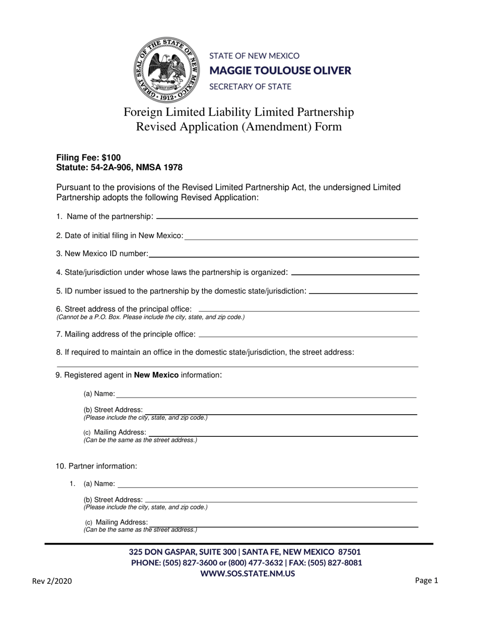 Foreign Limited Liability Limited Partnership Revised Application (Amendment) Form - New Mexico, Page 1