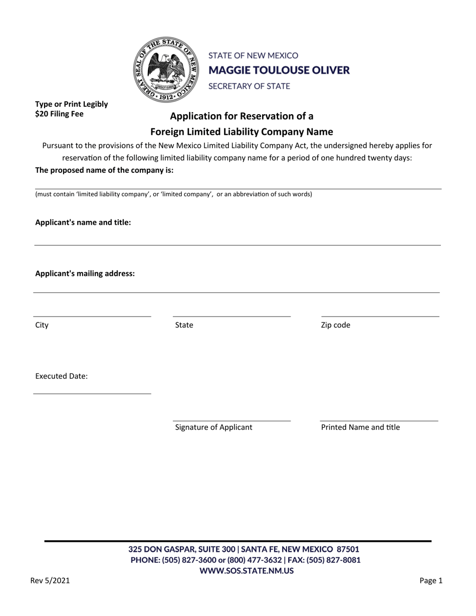 Application for Reservation of a Foreign Limited Liability Company Name - New Mexico, Page 1