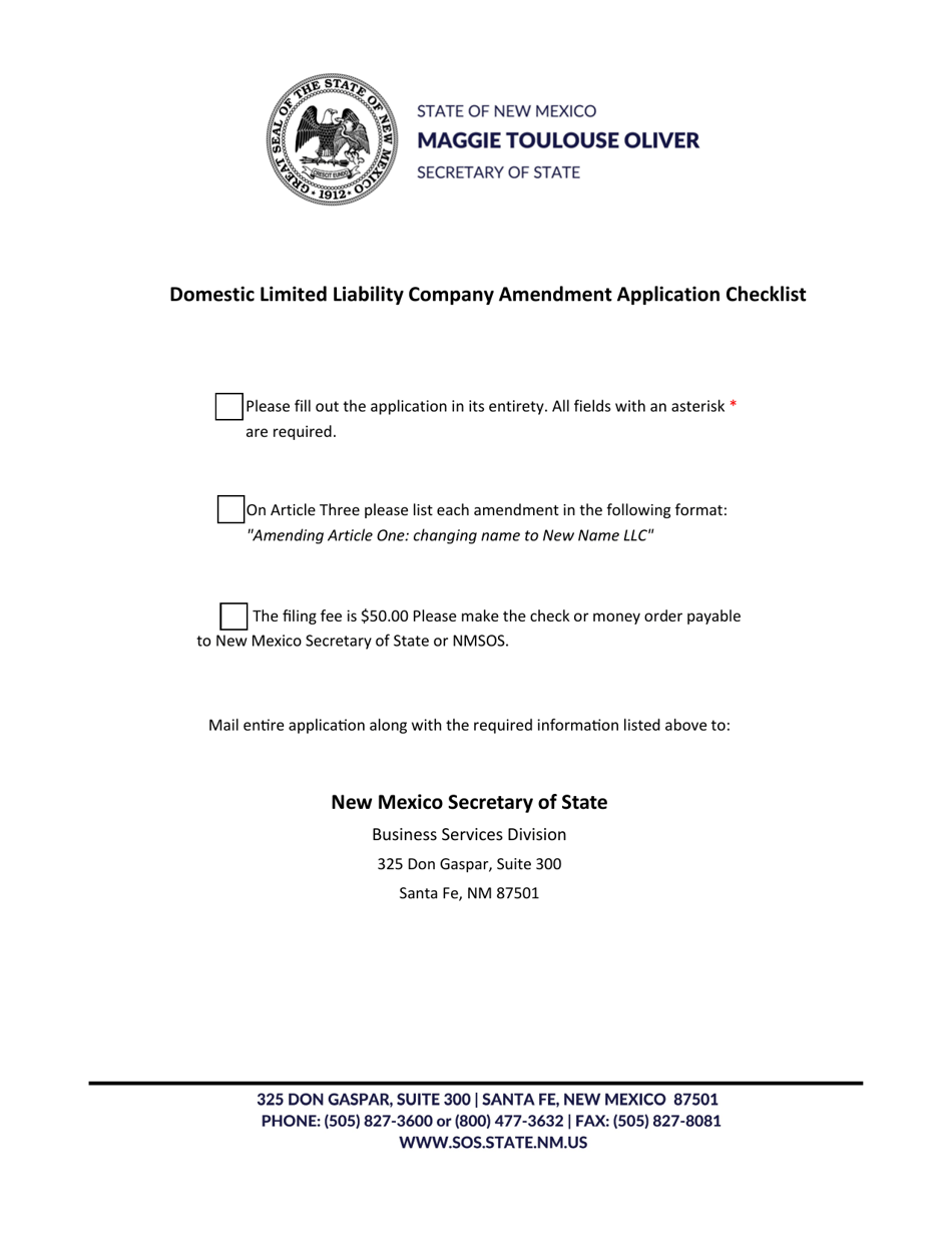 Domestic Limited Liability Company Articles of Amendment - New Mexico, Page 1
