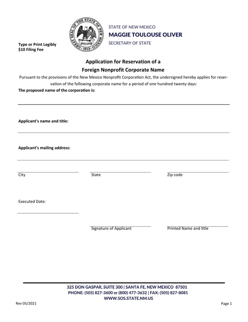 Application for Reservation of a Foreign Nonprofit Corporate Name - New Mexico