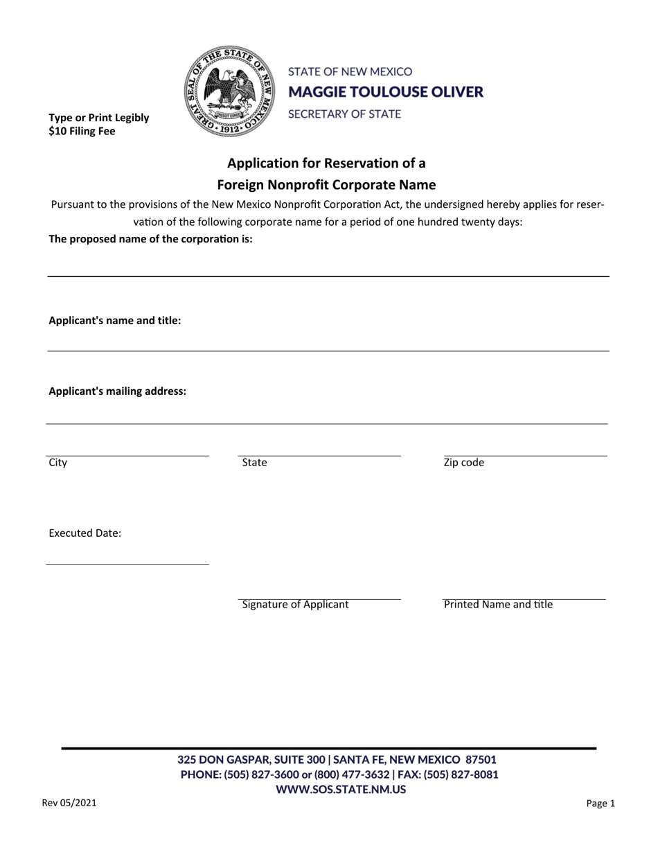 Application for Reservation of a Foreign Nonprofit Corporate Name - New Mexico, Page 1