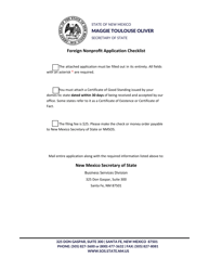 Document preview: Foreign Nonprofit Corporation Application for Certificate of Authority - New Mexico