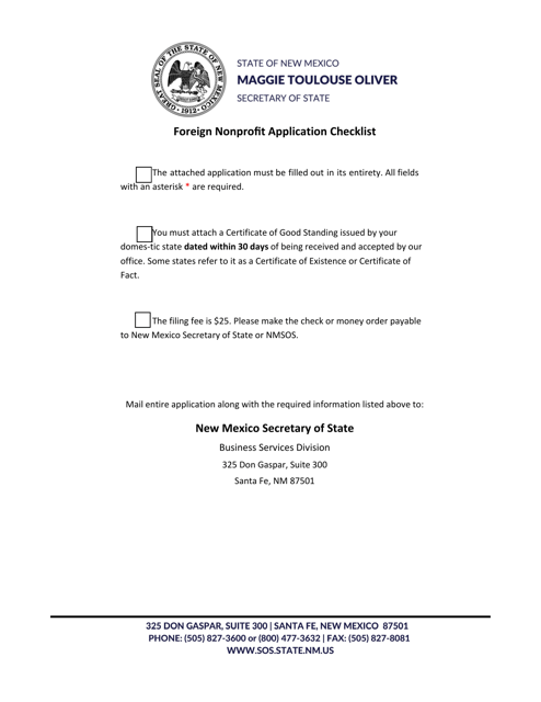 Foreign Nonprofit Corporation Application for Certificate of Authority - New Mexico Download Pdf