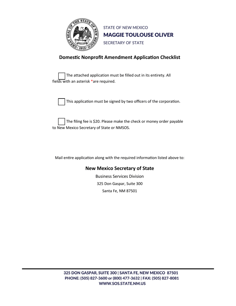 Domestic Nonprofit Corporation Articles of Amendment - New Mexico, Page 1